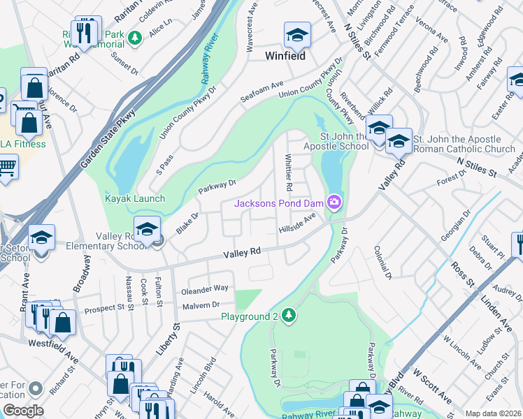 map of restaurants, bars, coffee shops, grocery stores, and more near 24 Emerson Road in Clark