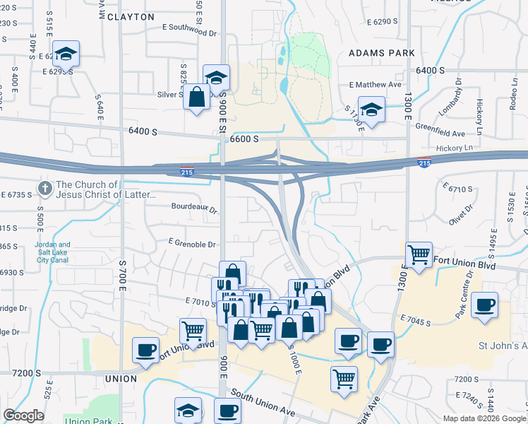 map of restaurants, bars, coffee shops, grocery stores, and more near 962 East 6795 South in Midvale