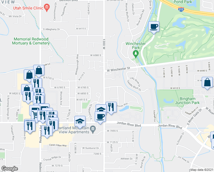 map of restaurants, bars, coffee shops, grocery stores, and more near 6854 Dairy Hill Court in West Jordan