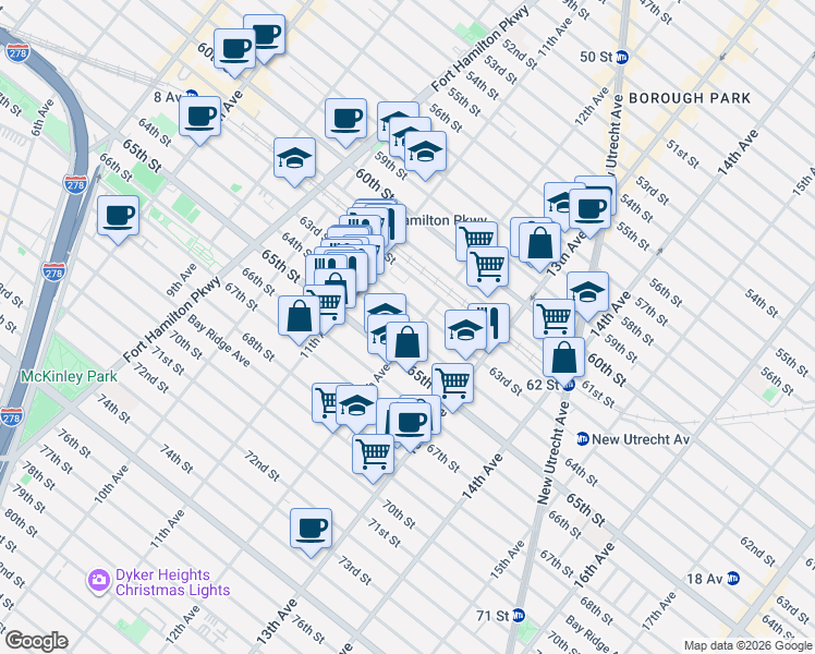 map of restaurants, bars, coffee shops, grocery stores, and more near 1228 64th Street in Brooklyn