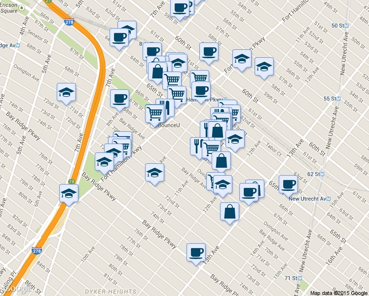map of restaurants, bars, coffee shops, grocery stores, and more near 1055 68th Street in Brooklyn