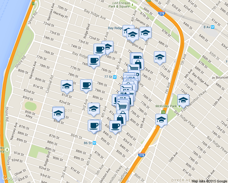 map of restaurants, bars, coffee shops, grocery stores, and more near 441 79th Street in Brooklyn