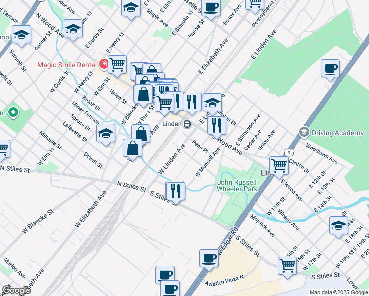 map of restaurants, bars, coffee shops, grocery stores, and more near in Linden