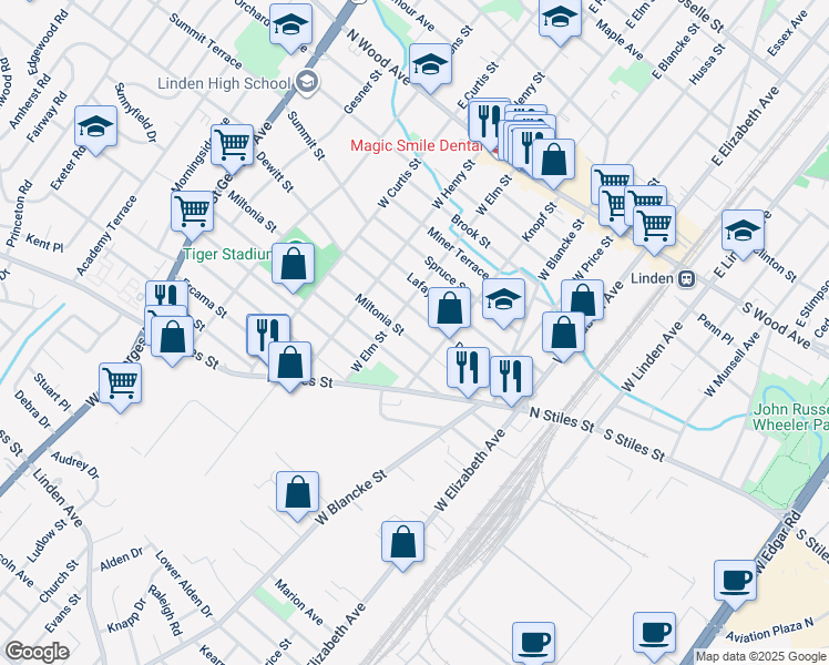 map of restaurants, bars, coffee shops, grocery stores, and more near 426 Laurita Street in Linden