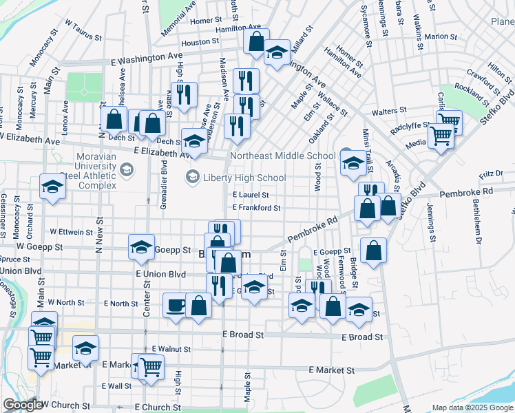 map of restaurants, bars, coffee shops, grocery stores, and more near 336 East Fairview Street in Bethlehem