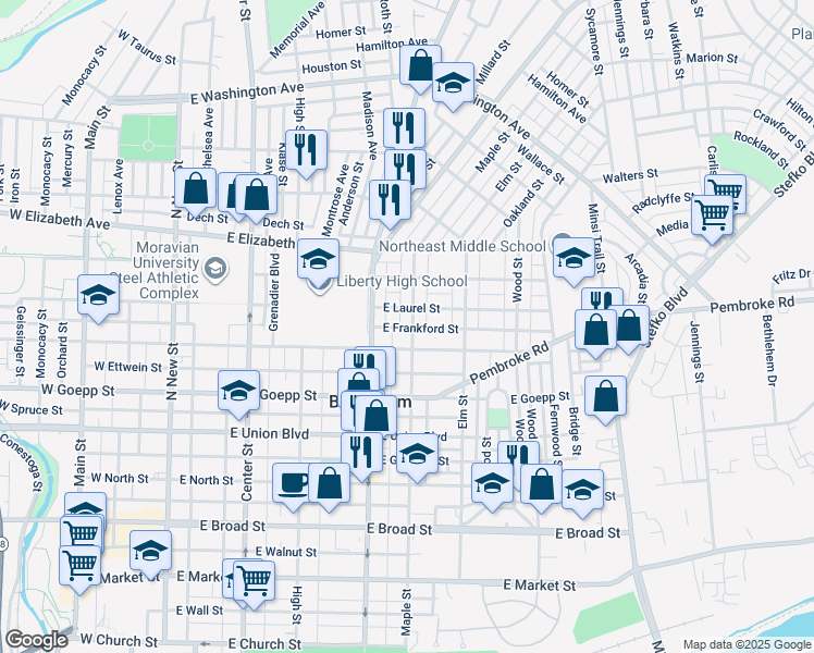 map of restaurants, bars, coffee shops, grocery stores, and more near 336 East Fairview Street in Bethlehem