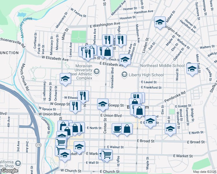 map of restaurants, bars, coffee shops, grocery stores, and more near 946 Center Street in Bethlehem
