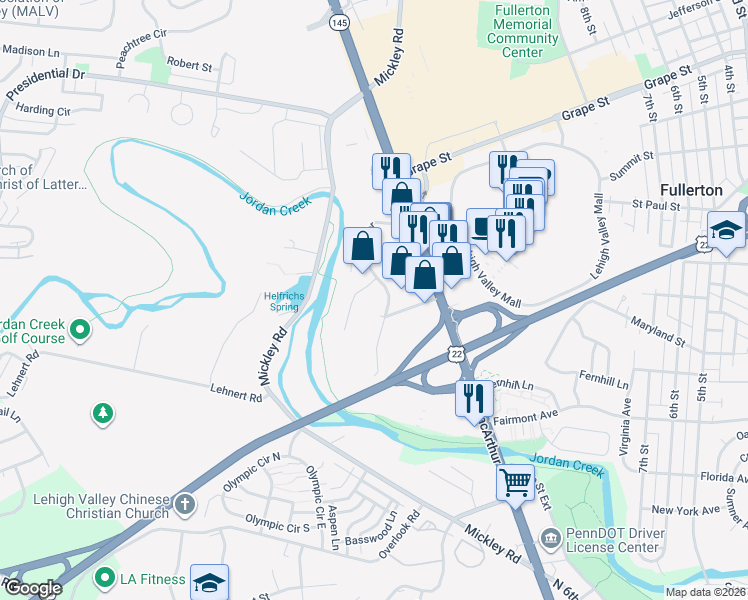 map of restaurants, bars, coffee shops, grocery stores, and more near 1547 Creekside Road in Fullerton