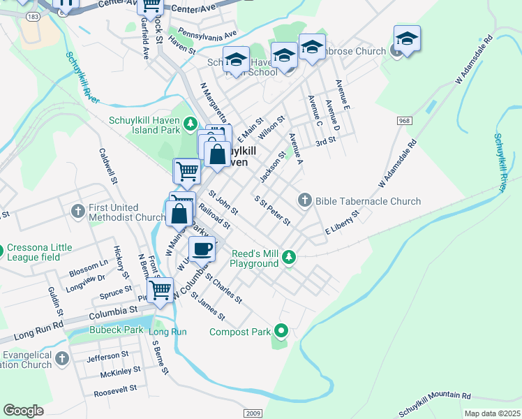map of restaurants, bars, coffee shops, grocery stores, and more near 216 Saint John Street in Schuylkill Haven