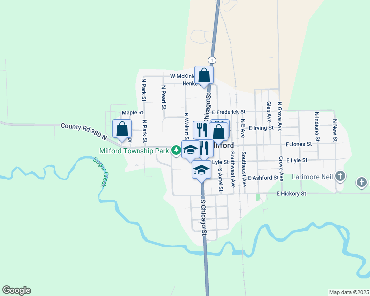map of restaurants, bars, coffee shops, grocery stores, and more near 100 South Chicago Street in Milford