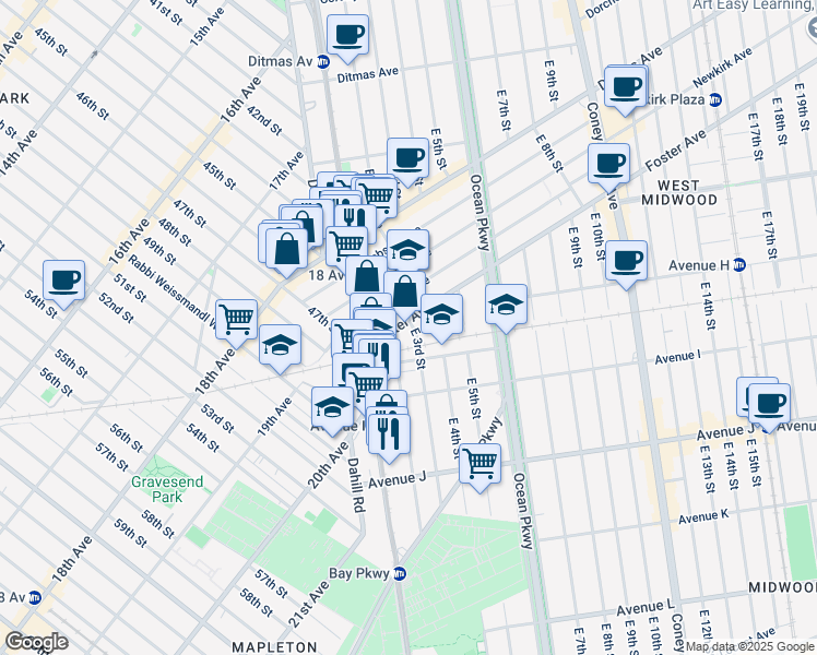 map of restaurants, bars, coffee shops, grocery stores, and more near 218 Foster Avenue in Brooklyn