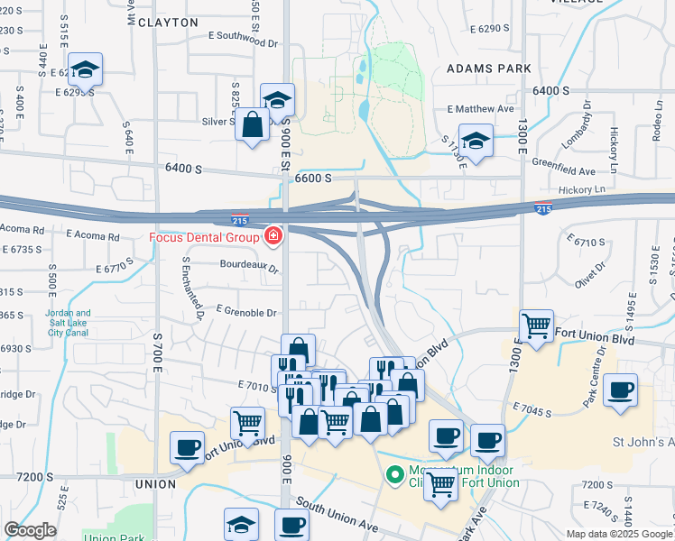 map of restaurants, bars, coffee shops, grocery stores, and more near 6768 Sienna Park Lane in Midvale