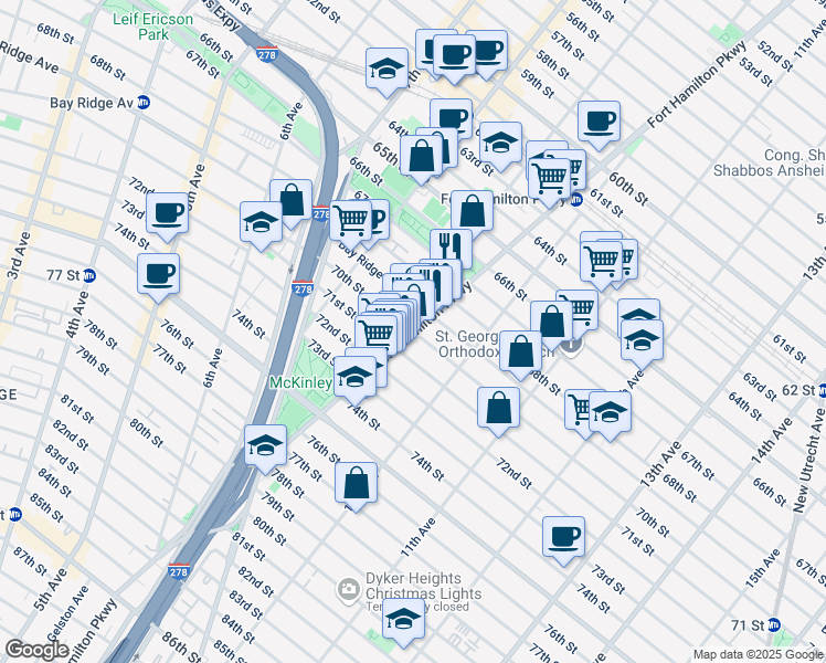 map of restaurants, bars, coffee shops, grocery stores, and more near Fort Hamilton Parkway & 70th Street in Brooklyn