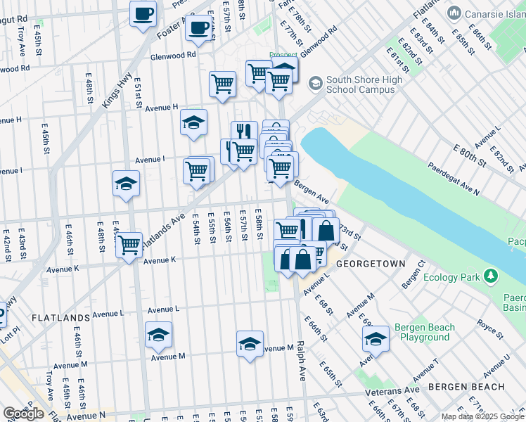 map of restaurants, bars, coffee shops, grocery stores, and more near 1083 East 58th Street in Brooklyn