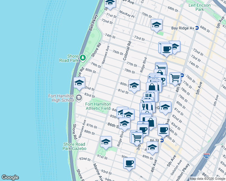 map of restaurants, bars, coffee shops, grocery stores, and more near 116 82nd Street in Brooklyn