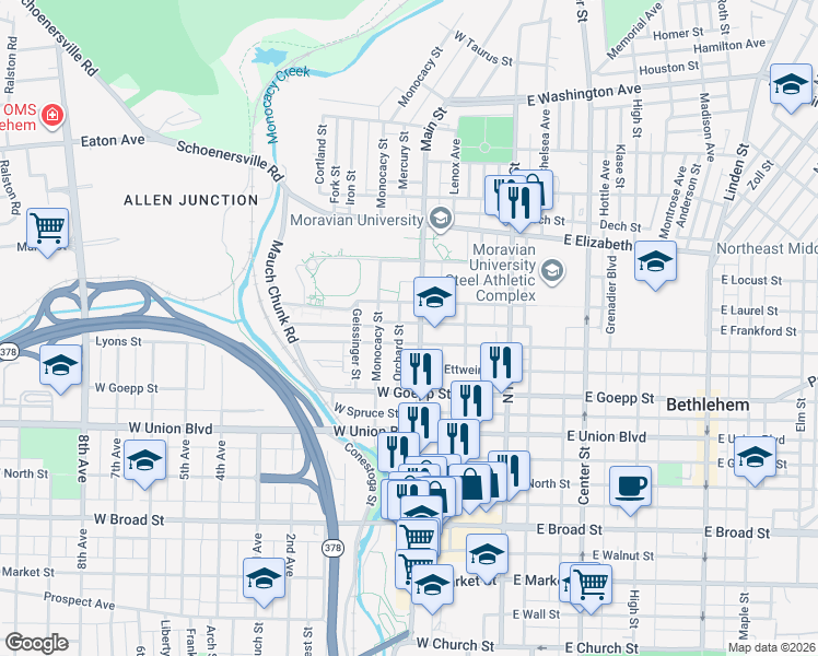 map of restaurants, bars, coffee shops, grocery stores, and more near 117 West Fairview Street in Bethlehem