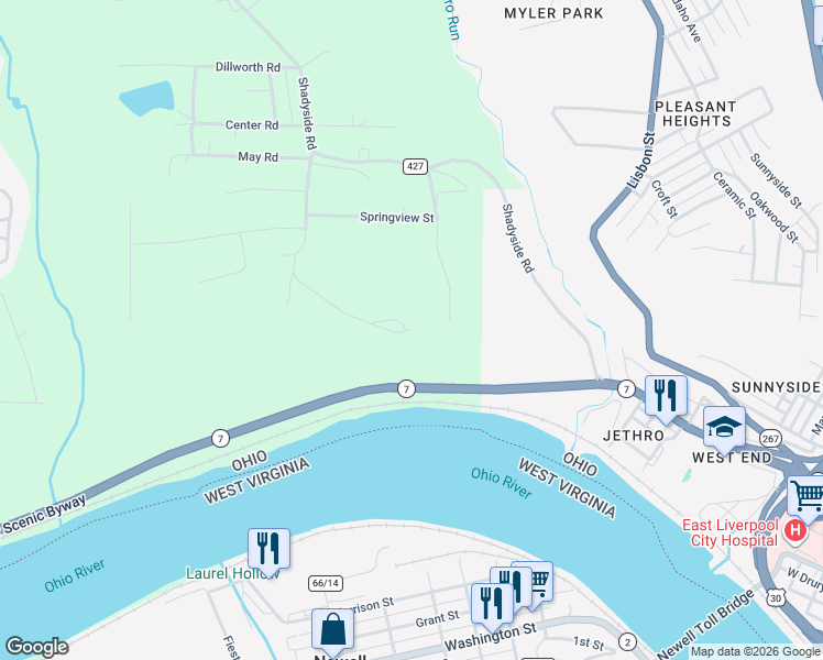 map of restaurants, bars, coffee shops, grocery stores, and more near 1348 Zenith Court in East Liverpool