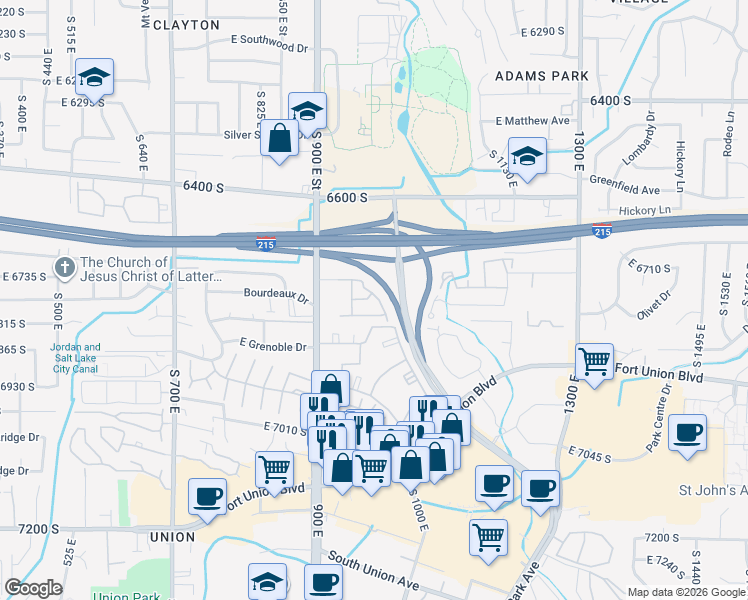 map of restaurants, bars, coffee shops, grocery stores, and more near 962 East 6795 South in Midvale
