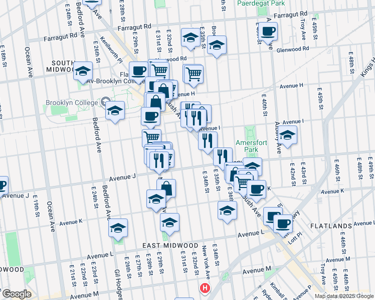 map of restaurants, bars, coffee shops, grocery stores, and more near 1820 New York Avenue in Brooklyn