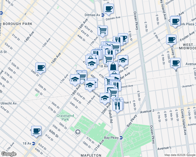 map of restaurants, bars, coffee shops, grocery stores, and more near 1853 48th Street in Brooklyn