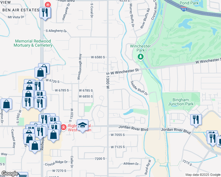 map of restaurants, bars, coffee shops, grocery stores, and more near 6773 1300 West in West Jordan
