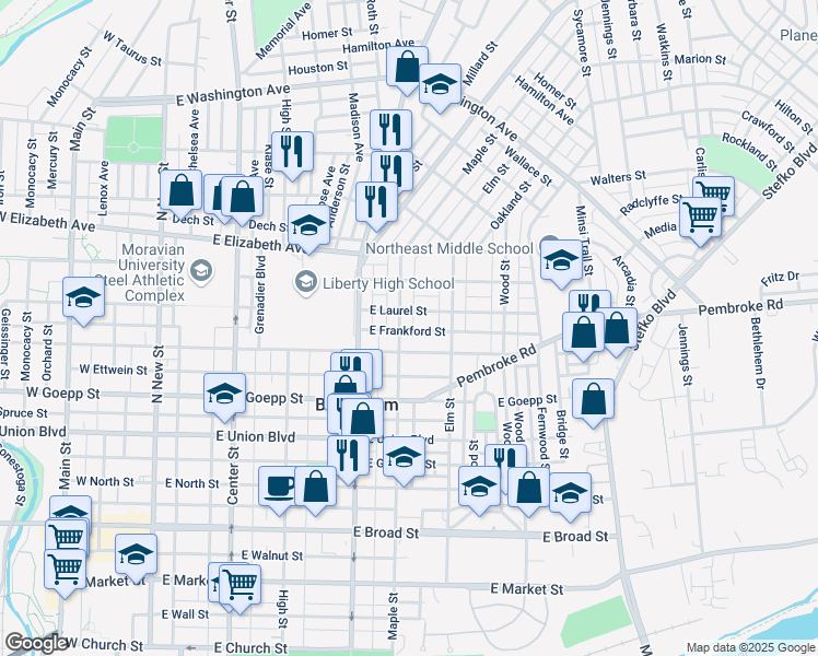 map of restaurants, bars, coffee shops, grocery stores, and more near 336 East Fairview Street in Bethlehem