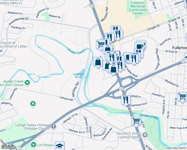 map of restaurants, bars, coffee shops, grocery stores, and more near 1547 Creekside Road in Fullerton