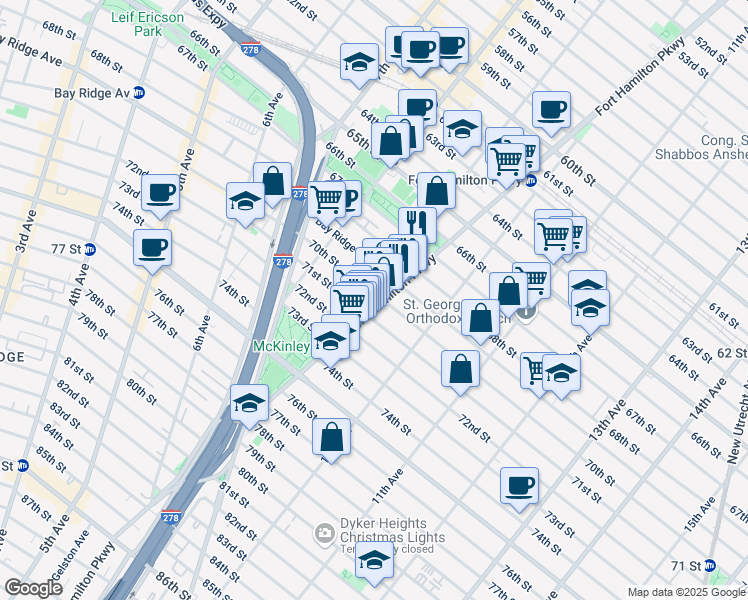 map of restaurants, bars, coffee shops, grocery stores, and more near 7004 Fort Hamilton Parkway in Brooklyn