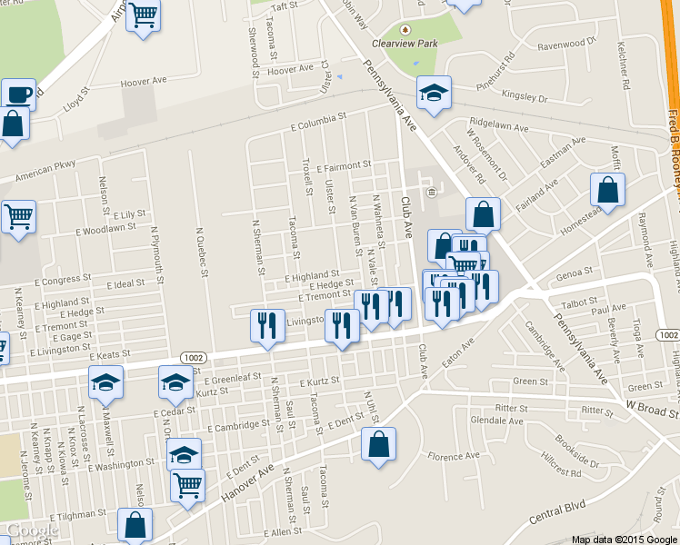 map of restaurants, bars, coffee shops, grocery stores, and more near 867 Ulster Street in Allentown