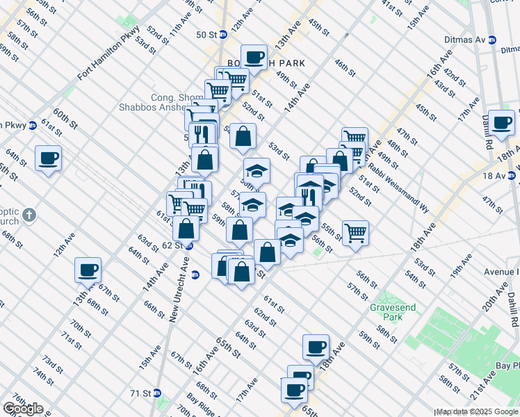 map of restaurants, bars, coffee shops, grocery stores, and more near 1518 57th Street in Brooklyn