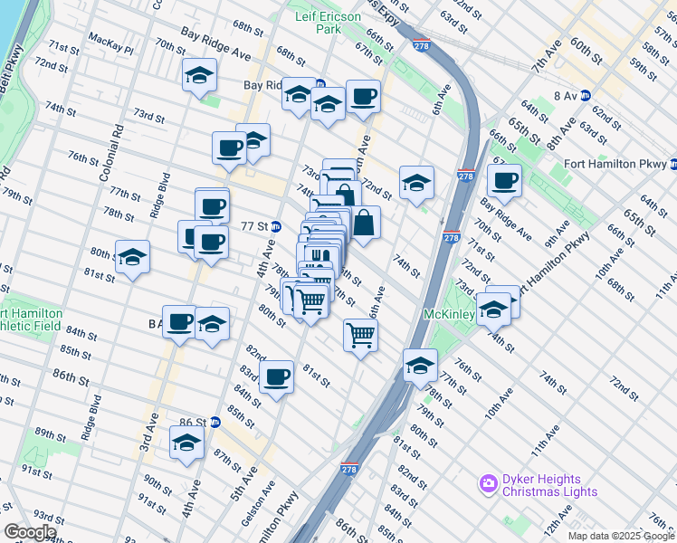 map of restaurants, bars, coffee shops, grocery stores, and more near 520 76th Street in Brooklyn