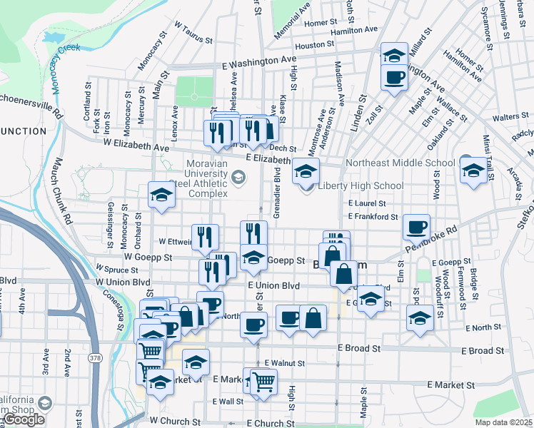 map of restaurants, bars, coffee shops, grocery stores, and more near 946 Center Street in Bethlehem