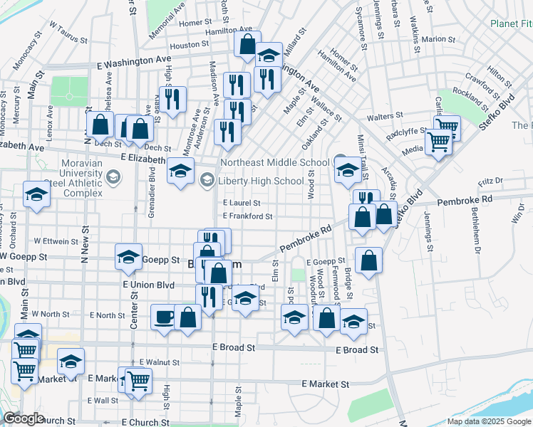 map of restaurants, bars, coffee shops, grocery stores, and more near 427 East Laurel Street in Bethlehem