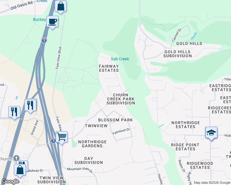 map of restaurants, bars, coffee shops, grocery stores, and more near 6074 Fallworth Drive in Redding