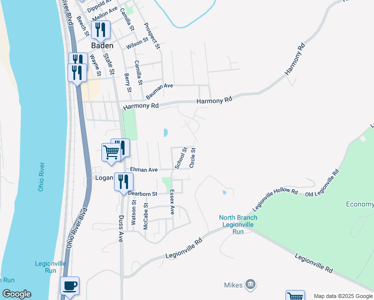 map of restaurants, bars, coffee shops, grocery stores, and more near 735 Hillcrest Avenue in Baden