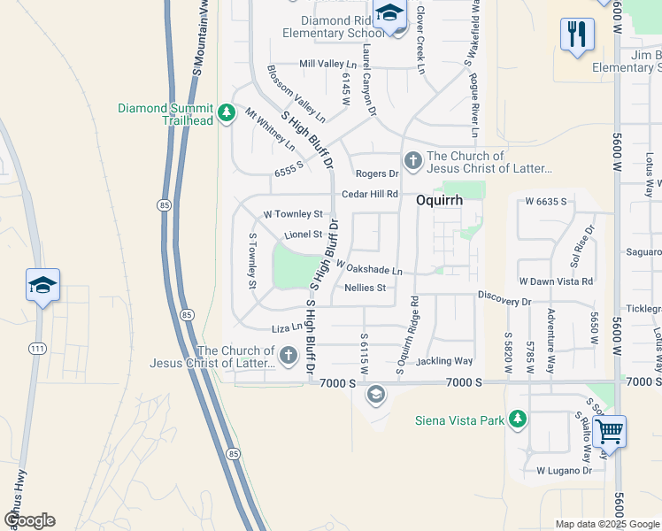 map of restaurants, bars, coffee shops, grocery stores, and more near 6761 South High Bluff Drive in West Jordan
