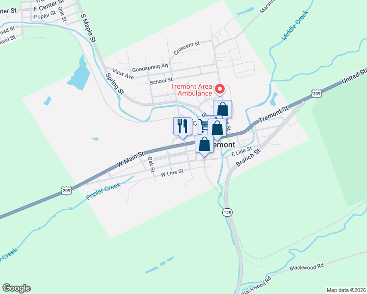 map of restaurants, bars, coffee shops, grocery stores, and more near 19 West Main Street in Tremont
