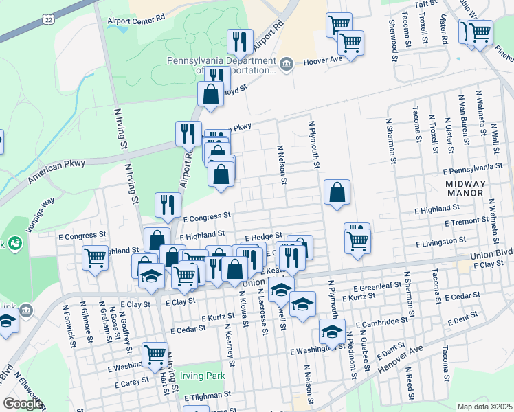 map of restaurants, bars, coffee shops, grocery stores, and more near 1299 East Congress Street in Allentown