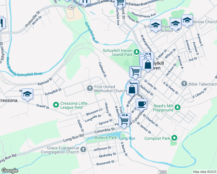 map of restaurants, bars, coffee shops, grocery stores, and more near 270 North Berne Street in Schuylkill Haven
