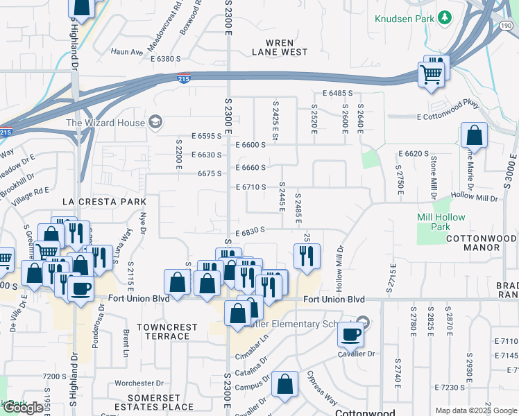 map of restaurants, bars, coffee shops, grocery stores, and more near 2381 East 6780 South in Cottonwood Heights