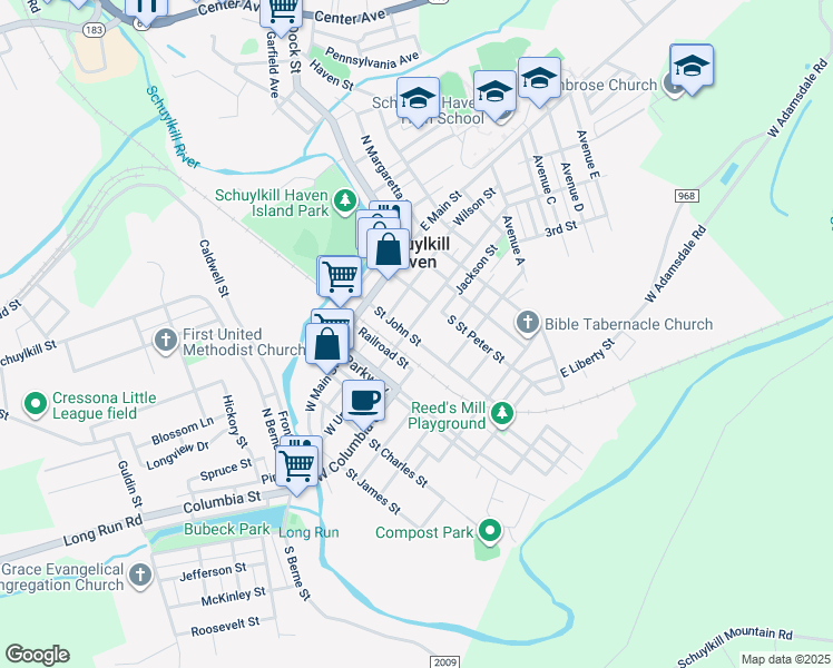 map of restaurants, bars, coffee shops, grocery stores, and more near 107 Saint John Street in Schuylkill Haven