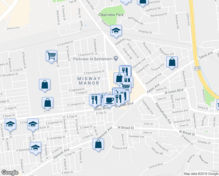 map of restaurants, bars, coffee shops, grocery stores, and more near 1056 Club Avenue in Allentown