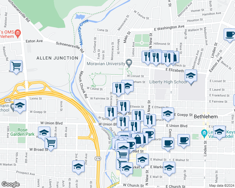 map of restaurants, bars, coffee shops, grocery stores, and more near 119 West Frankford Street in Bethlehem