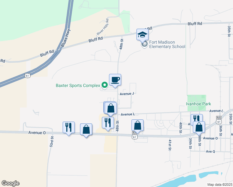 map of restaurants, bars, coffee shops, grocery stores, and more near 919 48th Street in Fort Madison