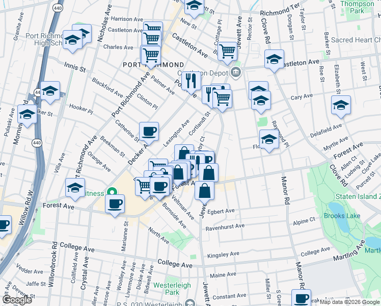 map of restaurants, bars, coffee shops, grocery stores, and more near 23 Dryden Court in Staten Island