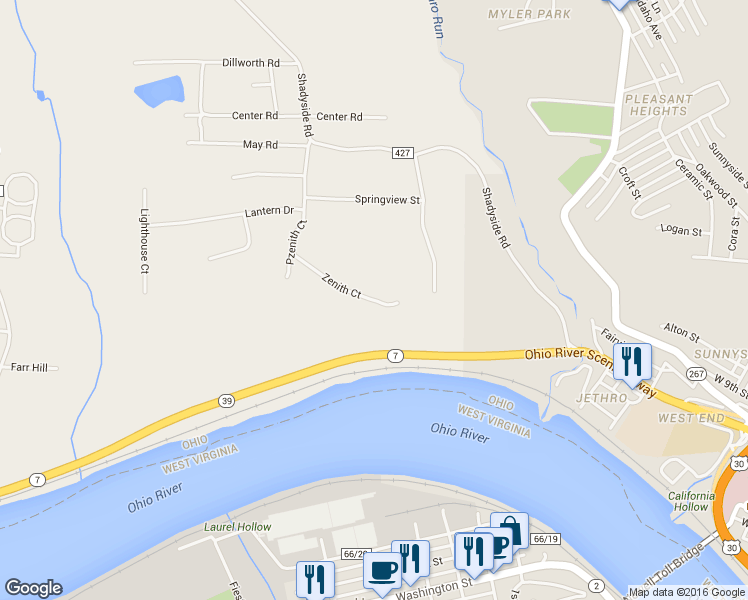 map of restaurants, bars, coffee shops, grocery stores, and more near 1348 Zenith Court in East Liverpool