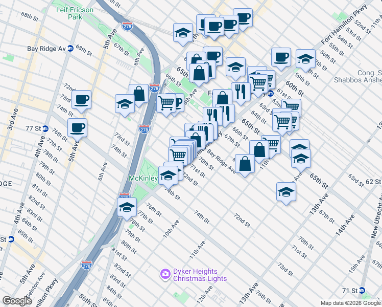 map of restaurants, bars, coffee shops, grocery stores, and more near 882 Bay Ridge Avenue in Brooklyn