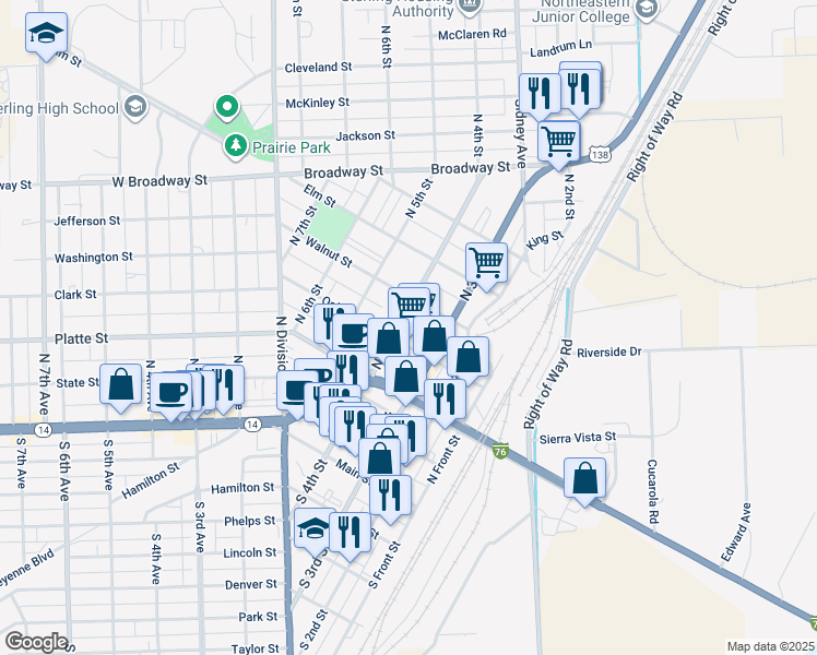 map of restaurants, bars, coffee shops, grocery stores, and more near 322 Walnut Street in Sterling