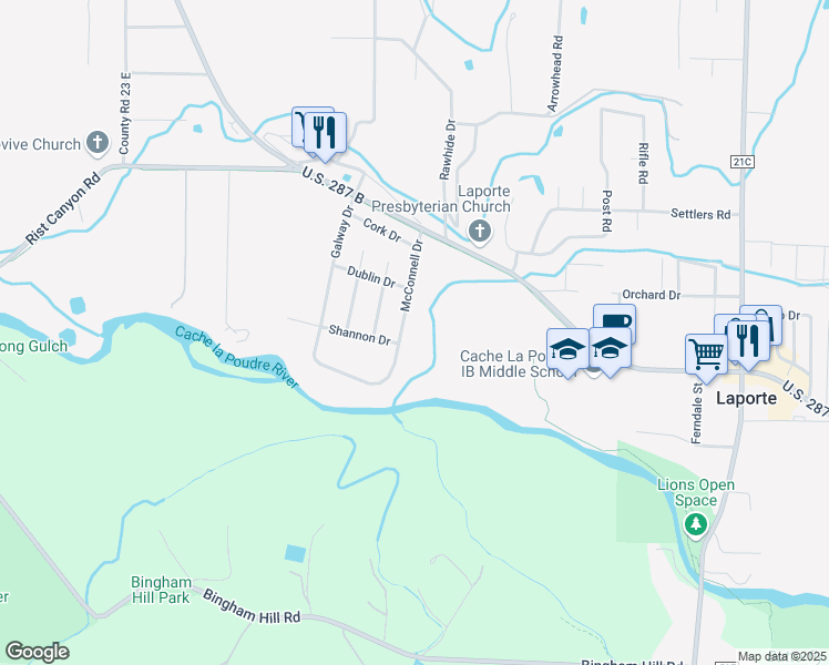 map of restaurants, bars, coffee shops, grocery stores, and more near 3328 McConnell Drive in Laporte