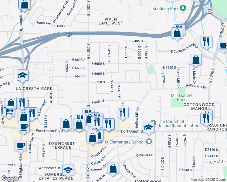 map of restaurants, bars, coffee shops, grocery stores, and more near 6721 South 2485 East in Cottonwood Heights